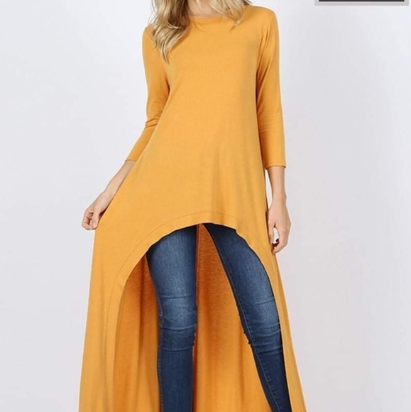 Zenana Outfitters Hi-Low Long Tunic Top Duster 3/4 Sleeve Mustard Yellow - Picture 2 of 7